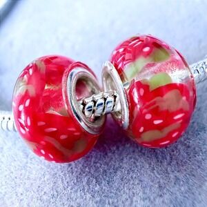 Set of 2 Red Strawberry Murano Glass Charms fits PANDORA